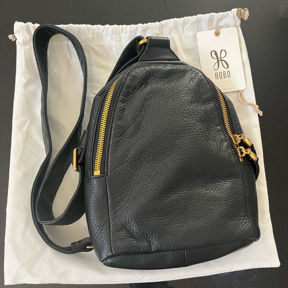 HOBO Black Leather Front Sling Bag with Gold Hardware